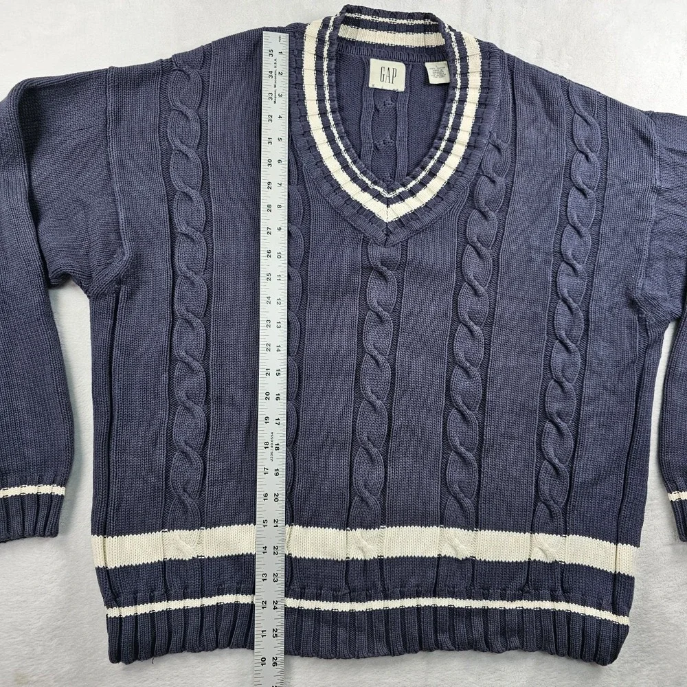 Vtg GAP Cable Knit V Neck Sweater Mens L Navy & White Cricket Tennis Preppy 90s